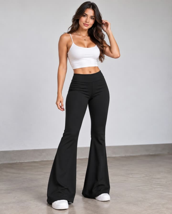 Modelo de cuerpo completo con pantalón bota campana negro de tiro alto
