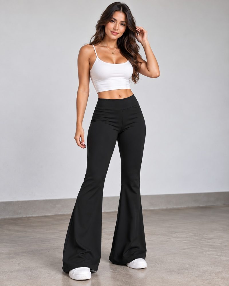 Modelo de frente con el pantalón bota campana negro y top blanco
